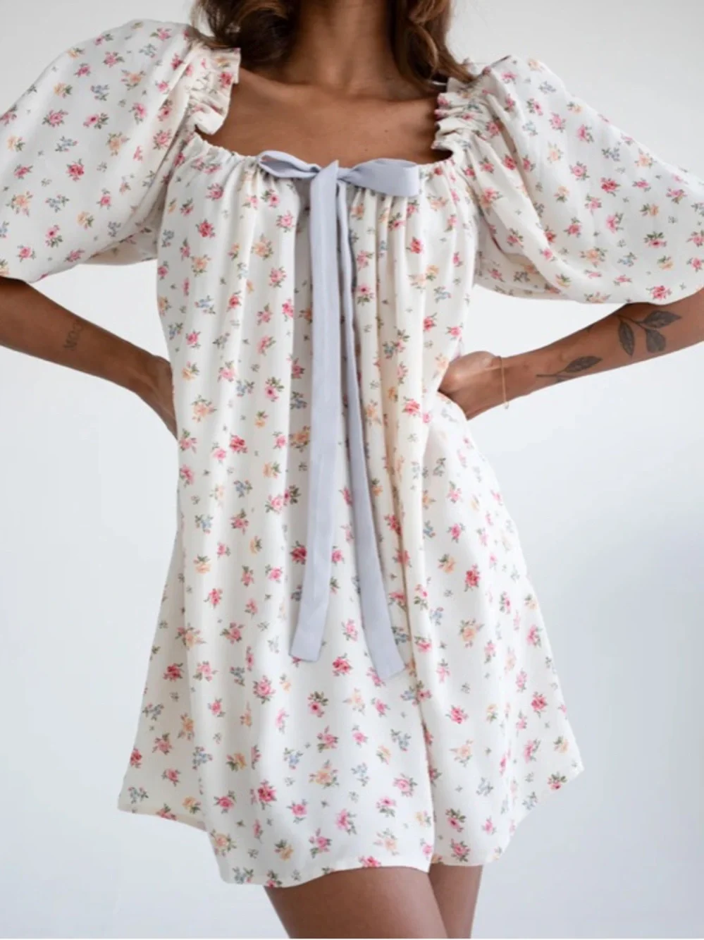 NEW Rumored Cream Floral Mini cottagecore marie Antoinette Pink floral dress - Picture 4 of 9